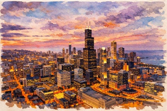 Chicago Cityscape Watercolor Print | Chicago Wall Art by BeautifulCityscapes - Chicago watercolor art print by Beautiful Cityscapes