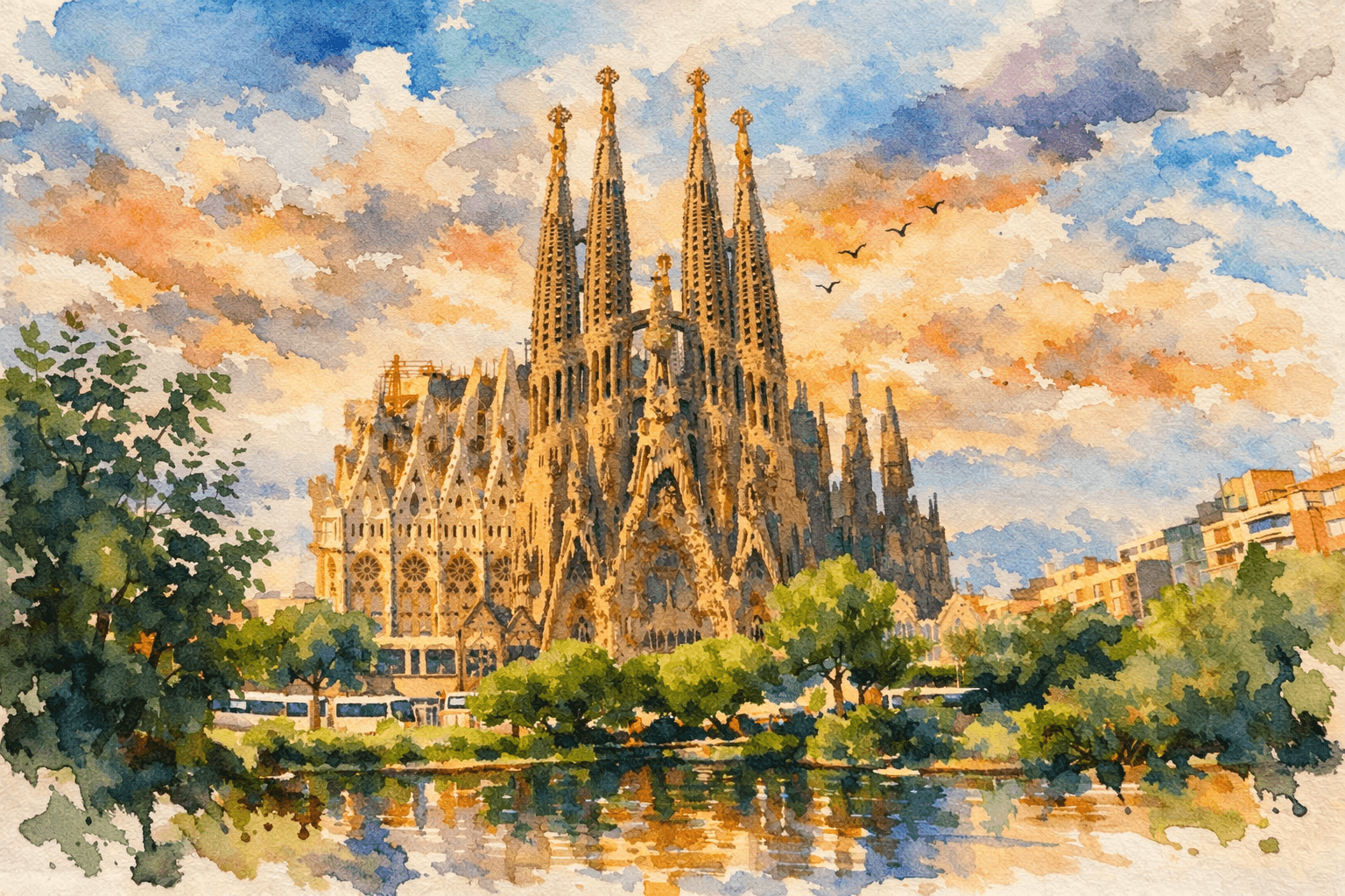 Barcelona Watercolor Print - Sagrada Familia & Park Güell - Barcelona watercolor art print