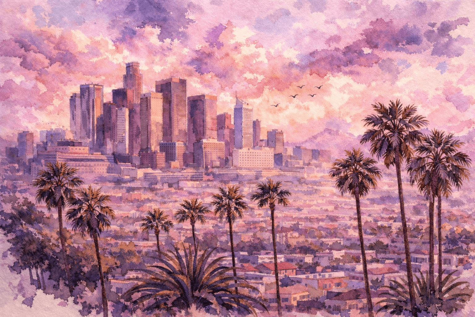 Los Angeles Sunset Watercolor Print - Los Angeles watercolor art print