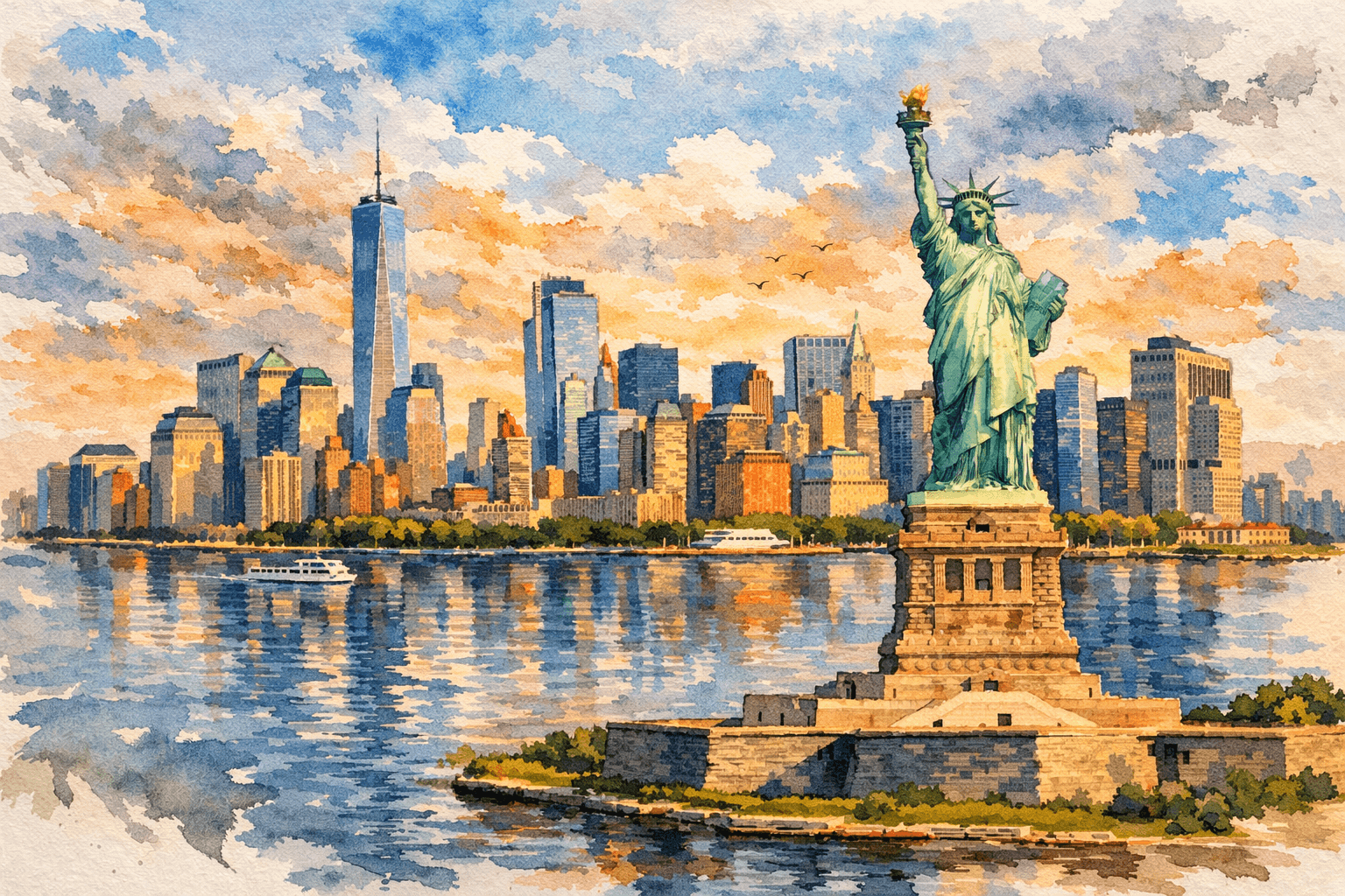 New York Watercolor Print - Statue of Liberty & Skyline - New York watercolor art print