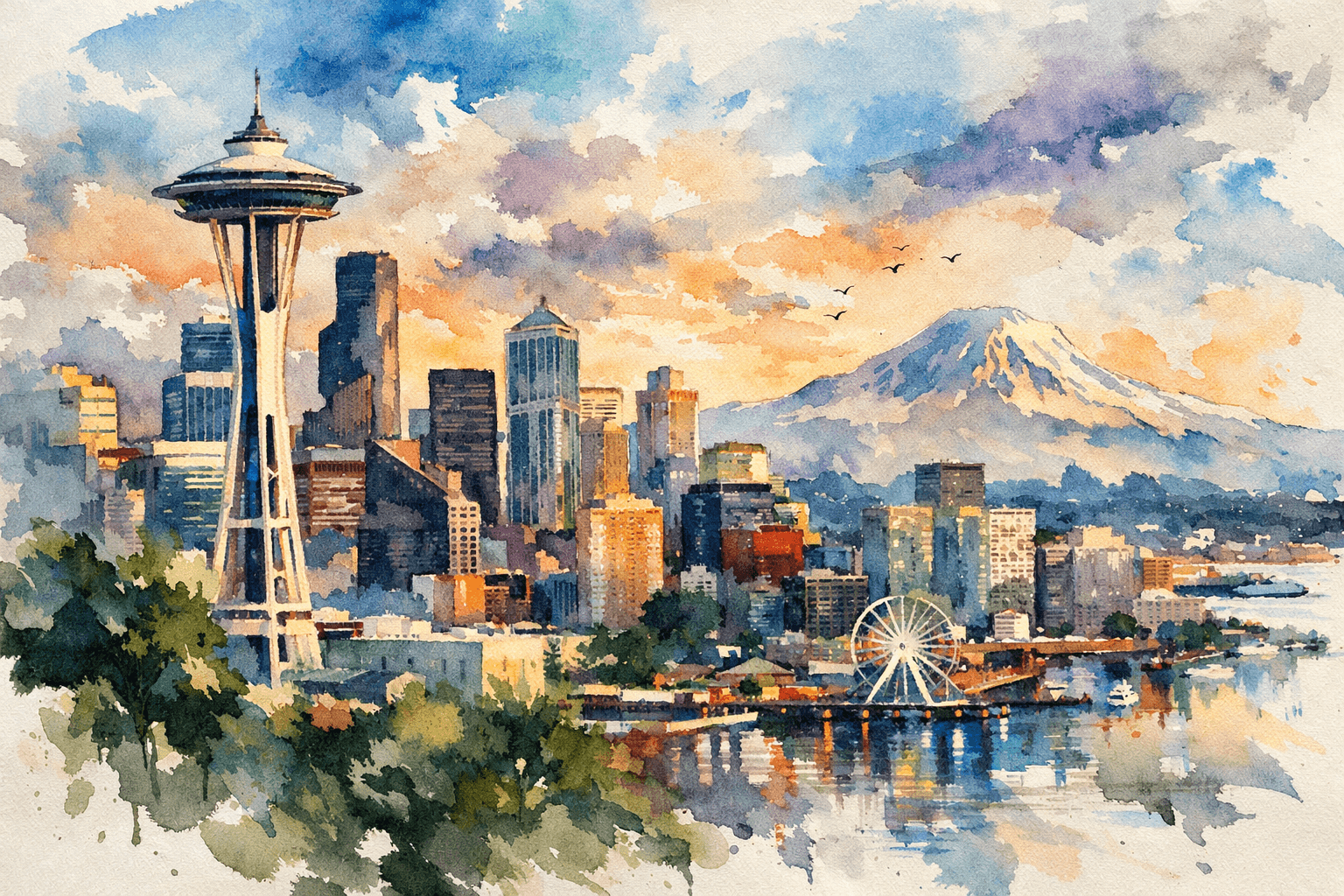 Seattle Skyline Watercolor Print