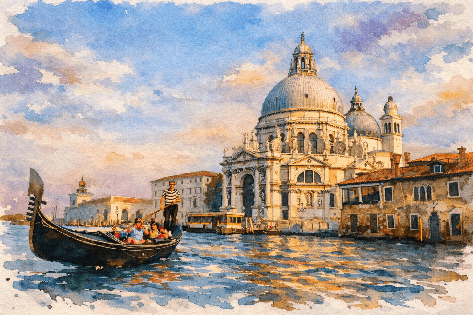 Venice watercolor print with Grand Canal, gondolas, Rialto Bridge, and St. Mark's Square at golden sunset