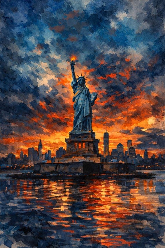 Statue of Liberty Watercolor Print, Dark NYC Skyline, Modern Abstract Art by BeautifulCityscapes - New York watercolor art print by Beautiful Cityscapes