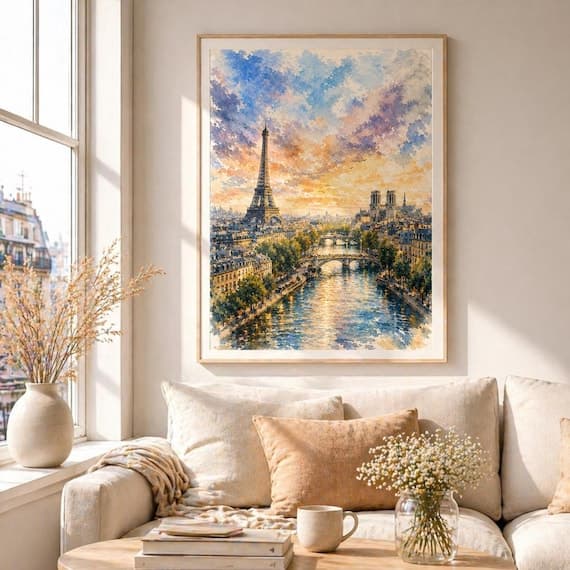 Eiffel Tower Vertical Watercolor Print, Paris Skyline Sunset, Romantic French Wall Art - Paris watercolor art print by Beautiful Cityscapes