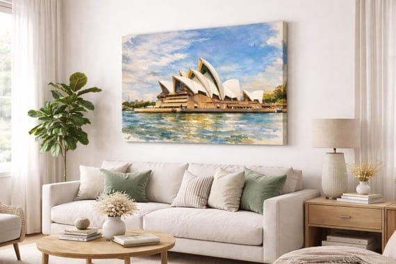Sydney Canvas Opera House Watercolor Print, Coastal Architecture Wall Art, Modern Harbor Landscape Decor - Sydney watercolor art print by Beautiful Cityscapes