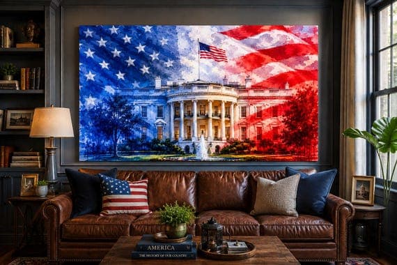 Patriotic White House Canvas Print | American Flag Wall Art | Large Independence Day Decor by BeautifulCityscapes - Other watercolor art print by Beautiful Cityscapes