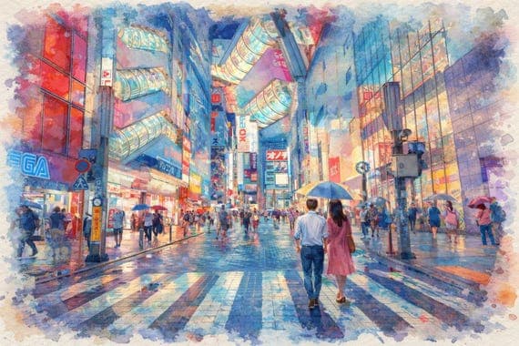 Neon Tokyo Watercolor Print, Rainy Cityscape, Urban Japan Art by BeautifulCityscapes - Tokyo watercolor art print
