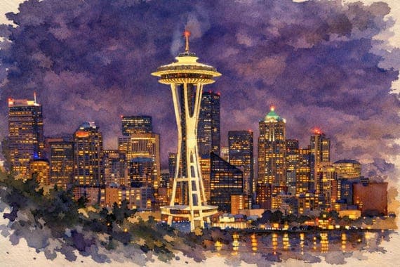 Seattle Space Needle Watercolor Print, Night Cityscape Art by BeautifulCityscapes - Seattle watercolor art print by Beautiful Cityscapes