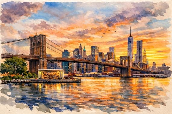 Brooklyn Bridge Watercolor Print | NYC Wall Art | New York colorful Art - New York watercolor art print by Beautiful Cityscapes