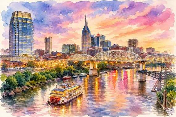 Nashville Watercolor Print, Nashville Skyline Wall Art, Tennessee Travel Poster, - Nashville watercolor art print by Beautiful Cityscapes
