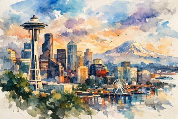 Seattle Watercolor Print, Skyline Wall Art, Pacific Northwest Cityscape Painting, Travel Art by BeautifulCityscapes