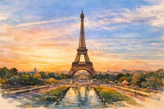 Eiffel Tower Watercolor Print - Paris Golden Hour Landscape by BeautifulCityscapes