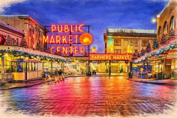 Seattle Pike Place Market Watercolor Print, Seattle Cityscape Painting, Pacific Northwest Travel Art by BeautifulCityscapes