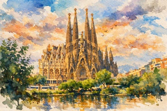 Sagrada Familia Watercolor Print, Barcelona Spain Wall Art by BeautifulCityscapes - Barcelona watercolor art print