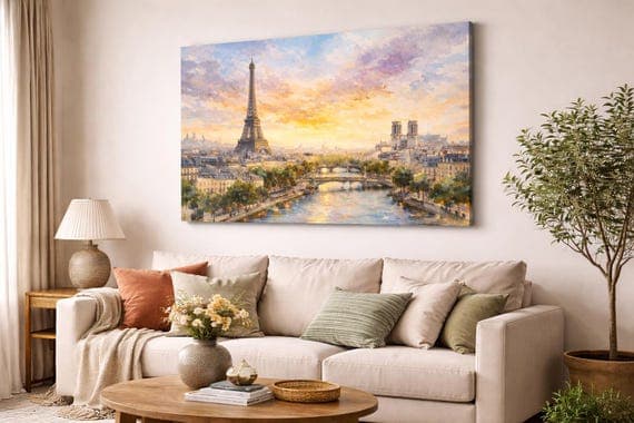 Paris Canvas Watercolor Art, Eiffel Tower Wall Art, Parisian Skyline Painting - Paris watercolor art print by Beautiful Cityscapes