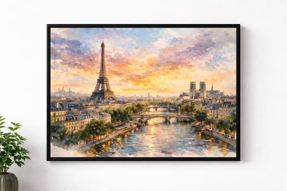 Framed Paris Watercolor Print, Parisian Skyline Wall Art, Colorful France Wall Decor - Paris watercolor art print by Beautiful Cityscapes