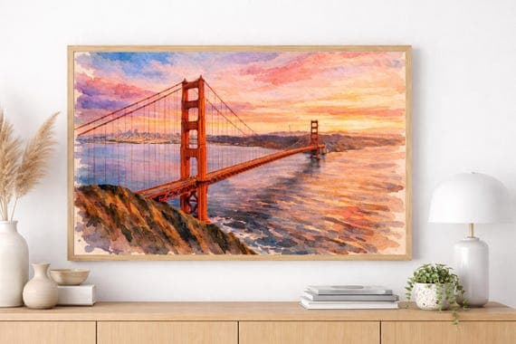 San Francisco watercolor print with Golden Gate Bridge, Alcatraz Island, and city skyline at sunset