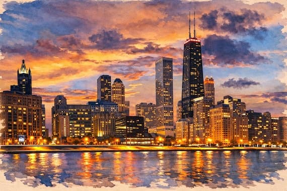 Chicago Skyline Watercolor Print, Cityscape Dusk Art, Sunset Wall Decor - Chicago watercolor art print by Beautiful Cityscapes