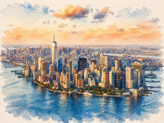 New York City Watercolor Print, NYC Skyline Wall Art, Manhattan Aerial Cityscape - New York watercolor art print by Beautiful Cityscapes