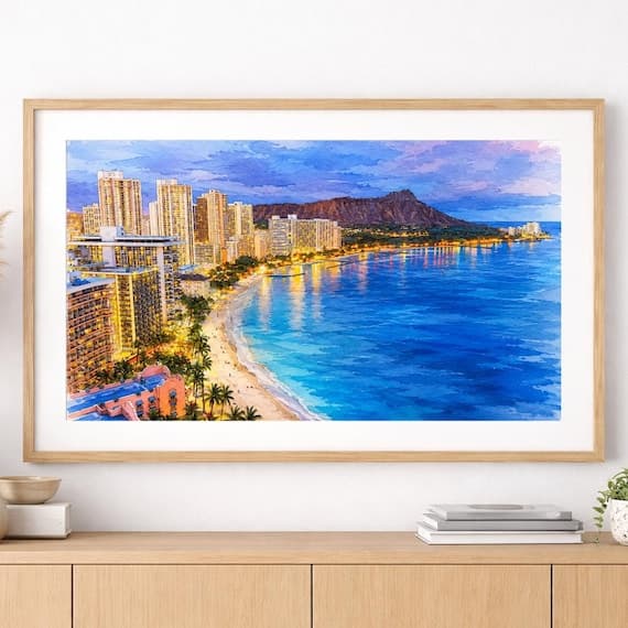 Honolulu Watercolor Print, Waikiki Beach Wall Art, Hawaii Coastal Decor, by BeautifulCityscapes - Other watercolor art print by Beautiful Cityscapes