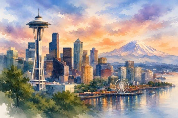 Seattle Watercolor Wall Art, Seattle Skyline Print, Pacific Northwest Cityscape Painting, Travel Art by BeautifulCityscapes - Seattle watercolor art print by Beautiful Cityscapes