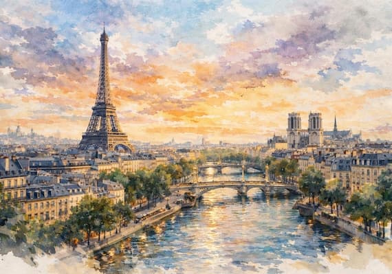 Paris Watercolor Print, Eiffel Tower Skyline Wall Art, French Cityscape Painting, Paris Travel Decor by BeautifulCityscapes - Paris watercolor art print
