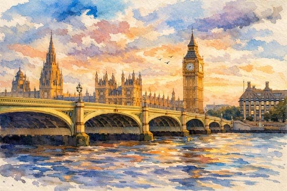 London Bridge Watercolor Art Print | Big Ben Westminster | London cityscape by BeautifulCityscapes - London watercolor art print