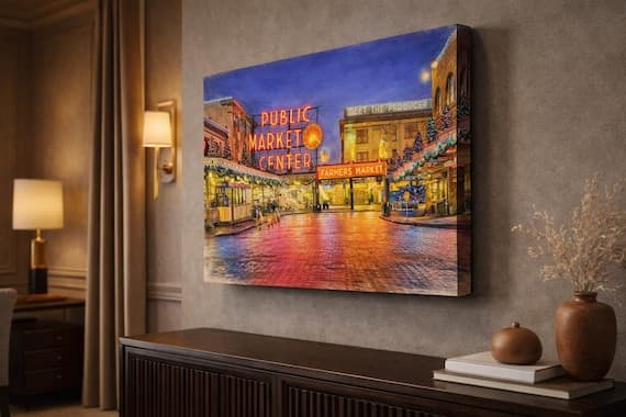 Pike Place Market Seattle Watercolor Canvas Print, Pacific Northwest Wall Art by BeautifulCityscapes - Seattle watercolor art print