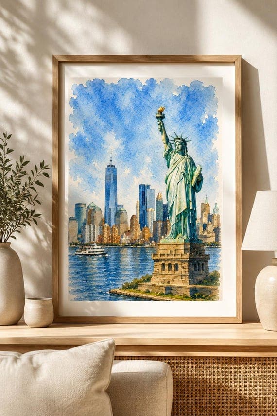 Statue of Liberty Vertical Watercolor Print, New York City Wall Art, NYC Skyline Print by BeautifulCityscapes - New York watercolor art print by Beautiful Cityscapes