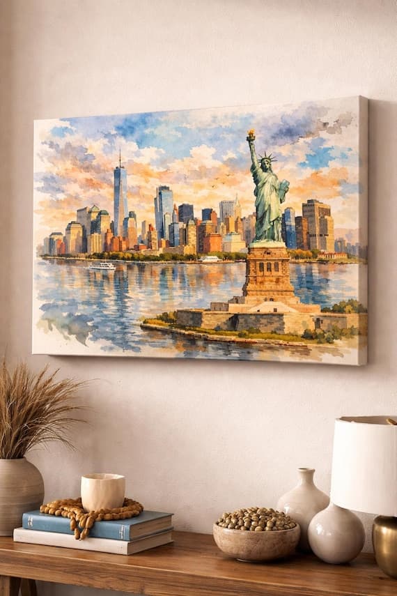 New York City Watercolor Canvas, NYC Skyline Canvas Wall Art, Manhattan Cityscape Painting by BeautifulCityscapes